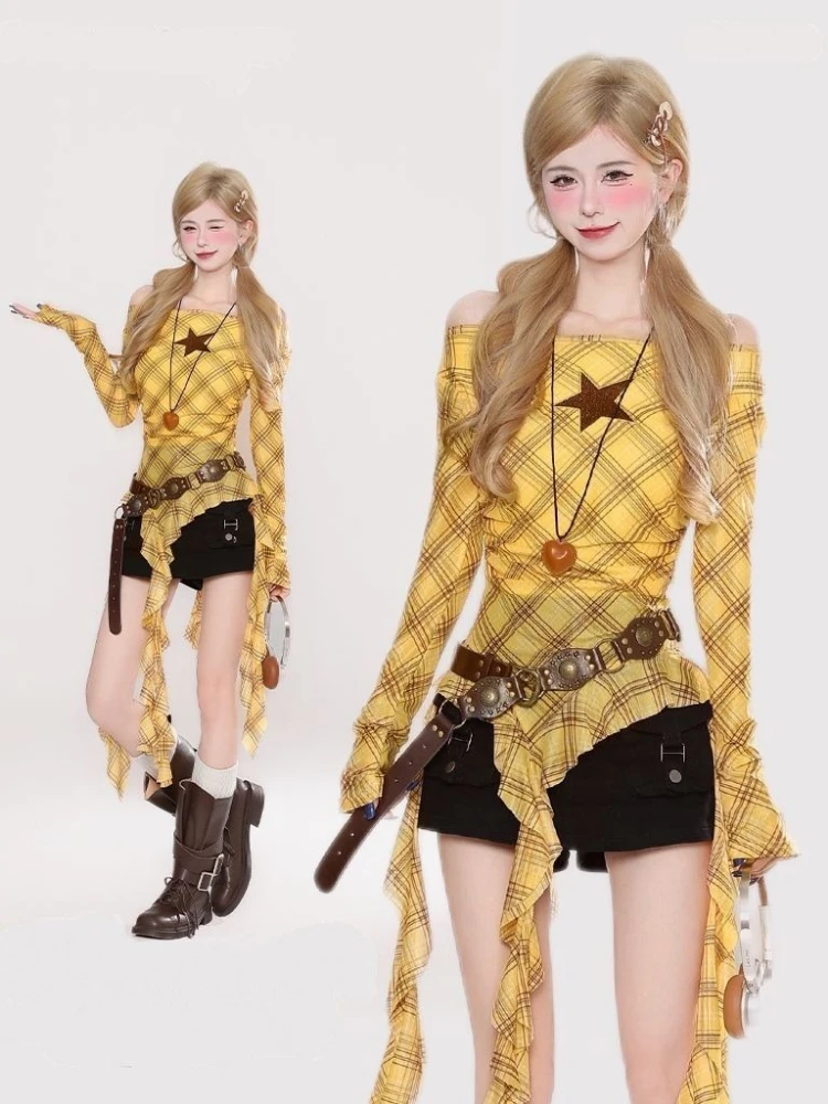 Y2K Ekose Slash Yaka Vintage K - Vintage Fashion incelemesi ve fiyatı